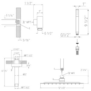Chrome Finish Rain Shower Head System Available in Different sizes, All in One Installation Manuals