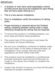 Ceiling shower head installations, All in One Installation Manuals