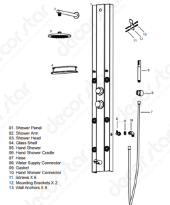 Nanaimo Aluminium Rain Fall Shower Panel Set with Massage System, Hand Shower & Faucet, All in One Installation Manuals