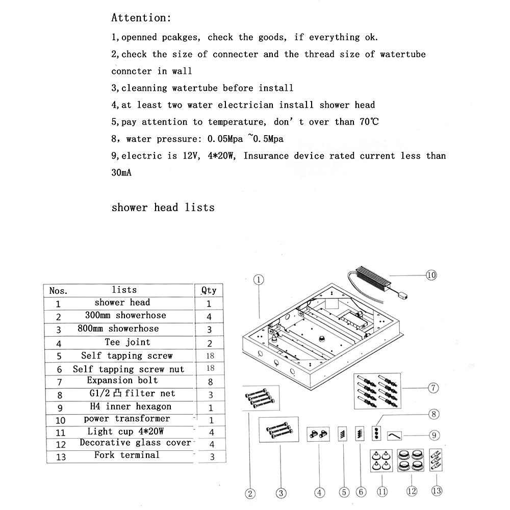 Trialo Solid Brass Recessed Color Changing Water Powered Led Shower Head, All in One Installation Manuals