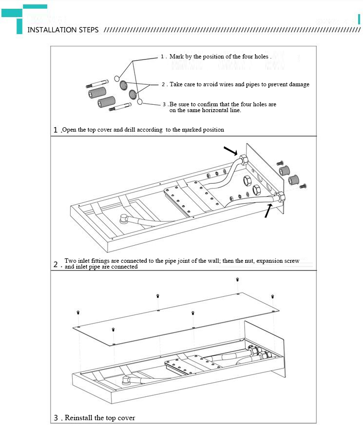 Marina 25″ Wall Mount Color Changing LED Waterfall Rainfall Shower Head with Handheld Shower, All in One Installation Manuals