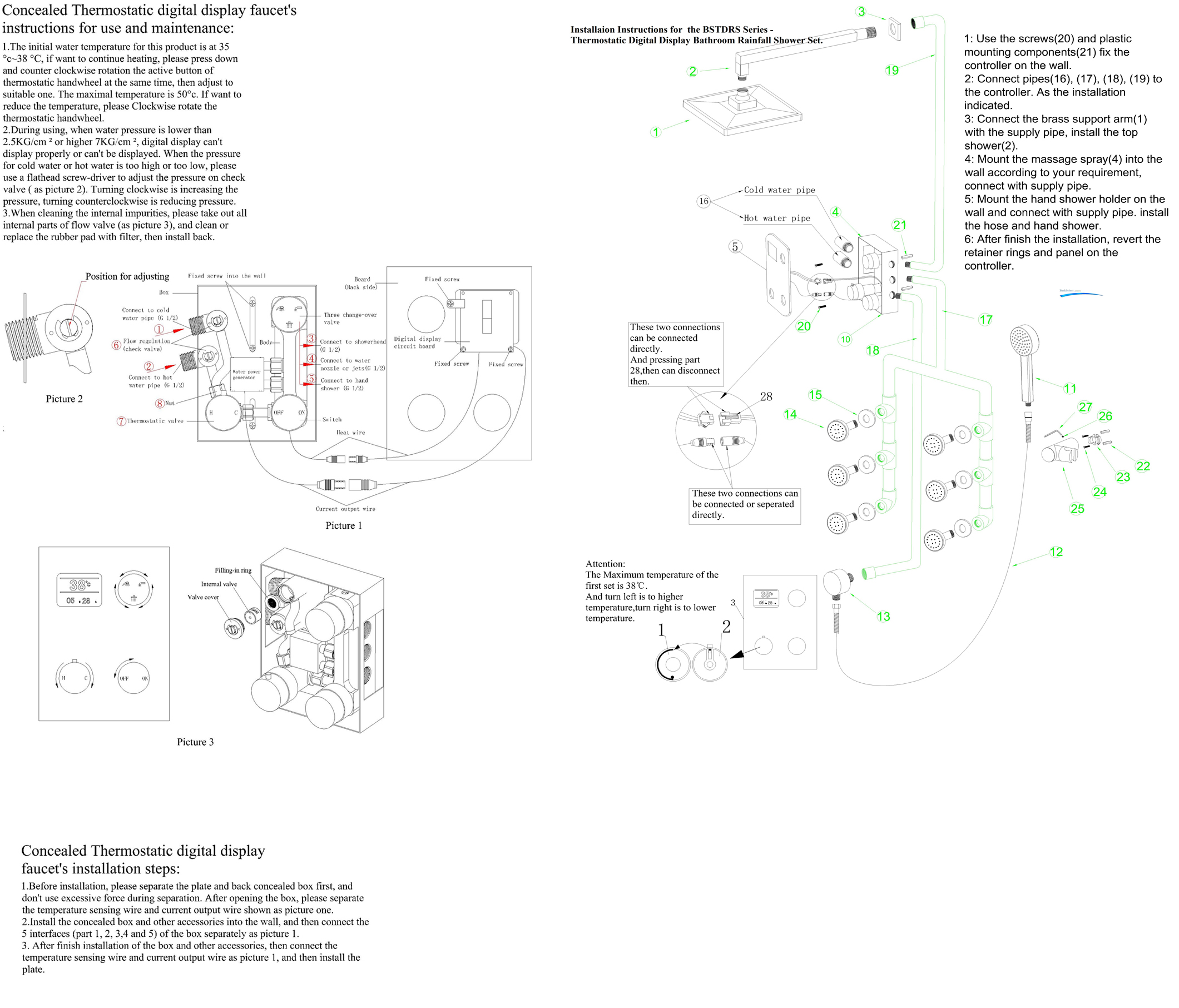 Thermostatic Digital Display Bathroom Rainfall Shower Set, All in One Installation Manuals