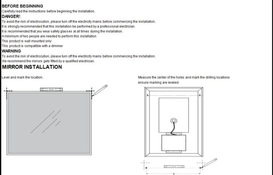 Large Rectangular LED Light Make-up Mirror with Defogger & Touch Switch, All in One Installation Manuals