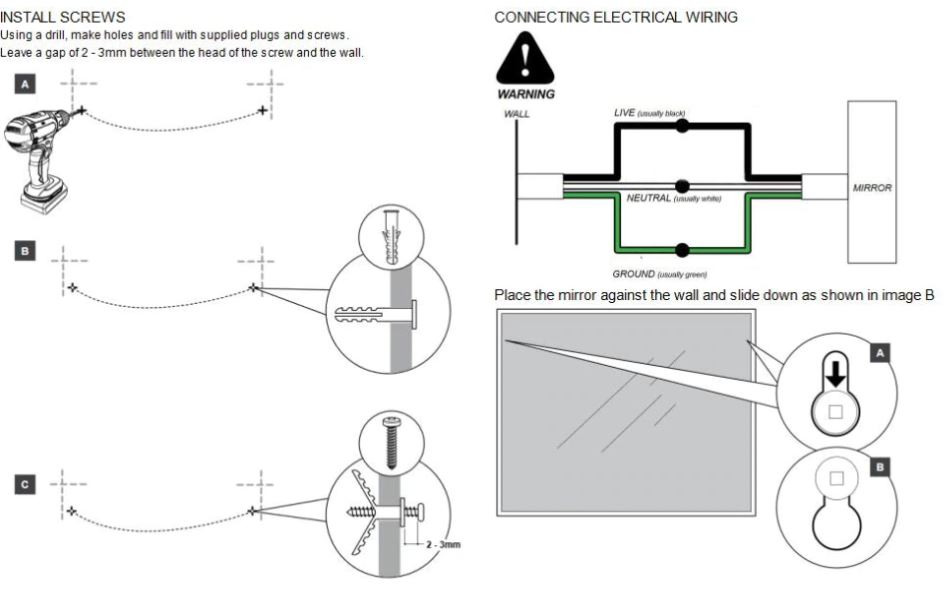 Large Rectangular LED Light Make-up Mirror with Defogger & Touch Switch, All in One Installation Manuals