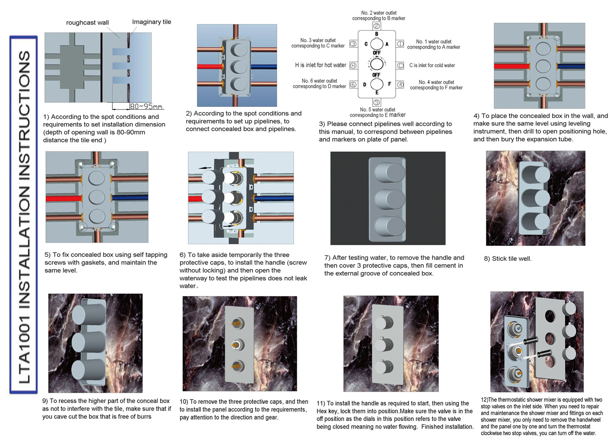 Super Luxury 5 Function Recessed Ceiling Mount LED Large Shower Set, All in One Installation Manuals