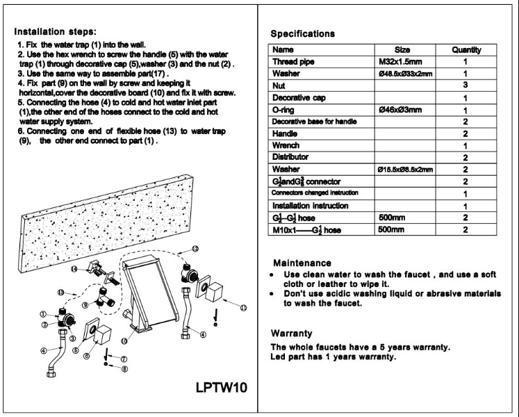 Wall Mount Bathroom Sink Faucet With LED Glass, All in One Installation Manuals