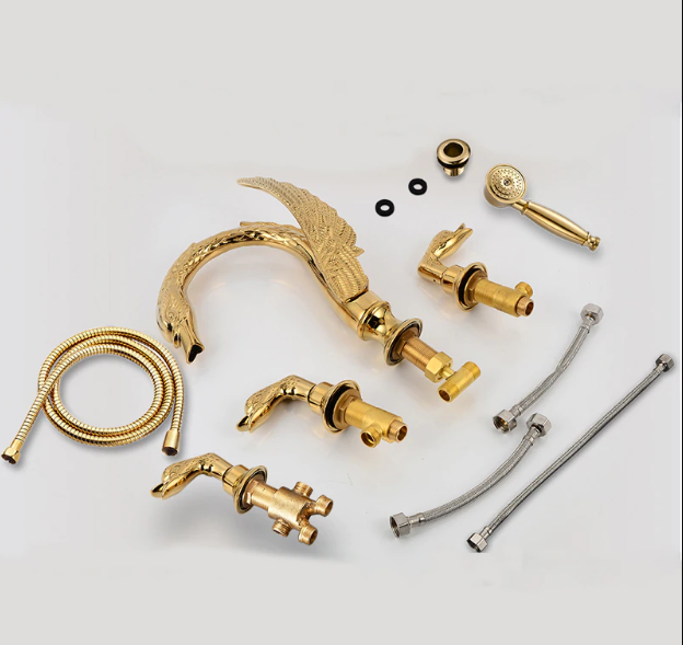 Fontana Swan Neck Gold Finish Waterfall Bathtub Faucet, All in One Installation Manuals