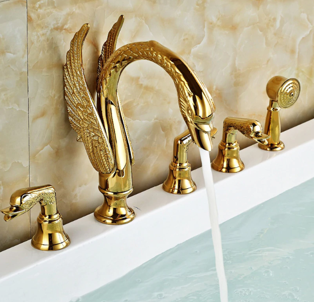 Fontana Swan Neck Gold Finish Waterfall Bathtub Faucet, All in One Installation Manuals