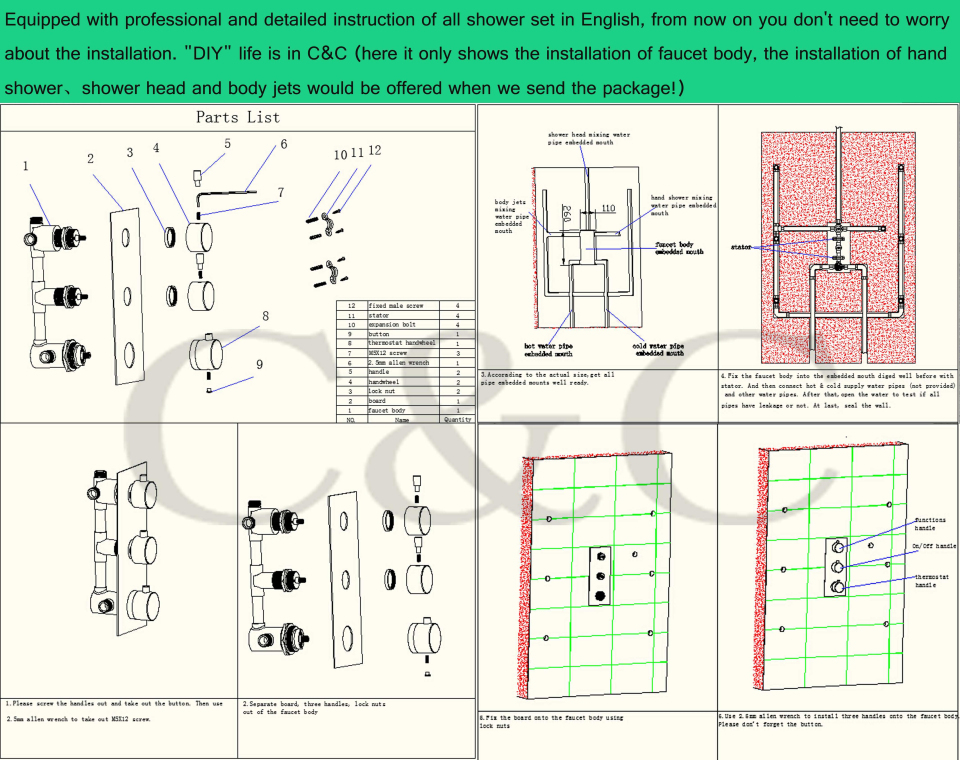Juno Milan 14″ by 20″ Recessed Mounted LED Shower Head with Body Massage Shower Jets, All in One Installation Manuals
