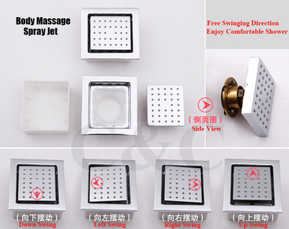 Juno Milan 14″ by 20″ Recessed Mounted LED Shower Head with Body Massage Shower Jets, All in One Installation Manuals