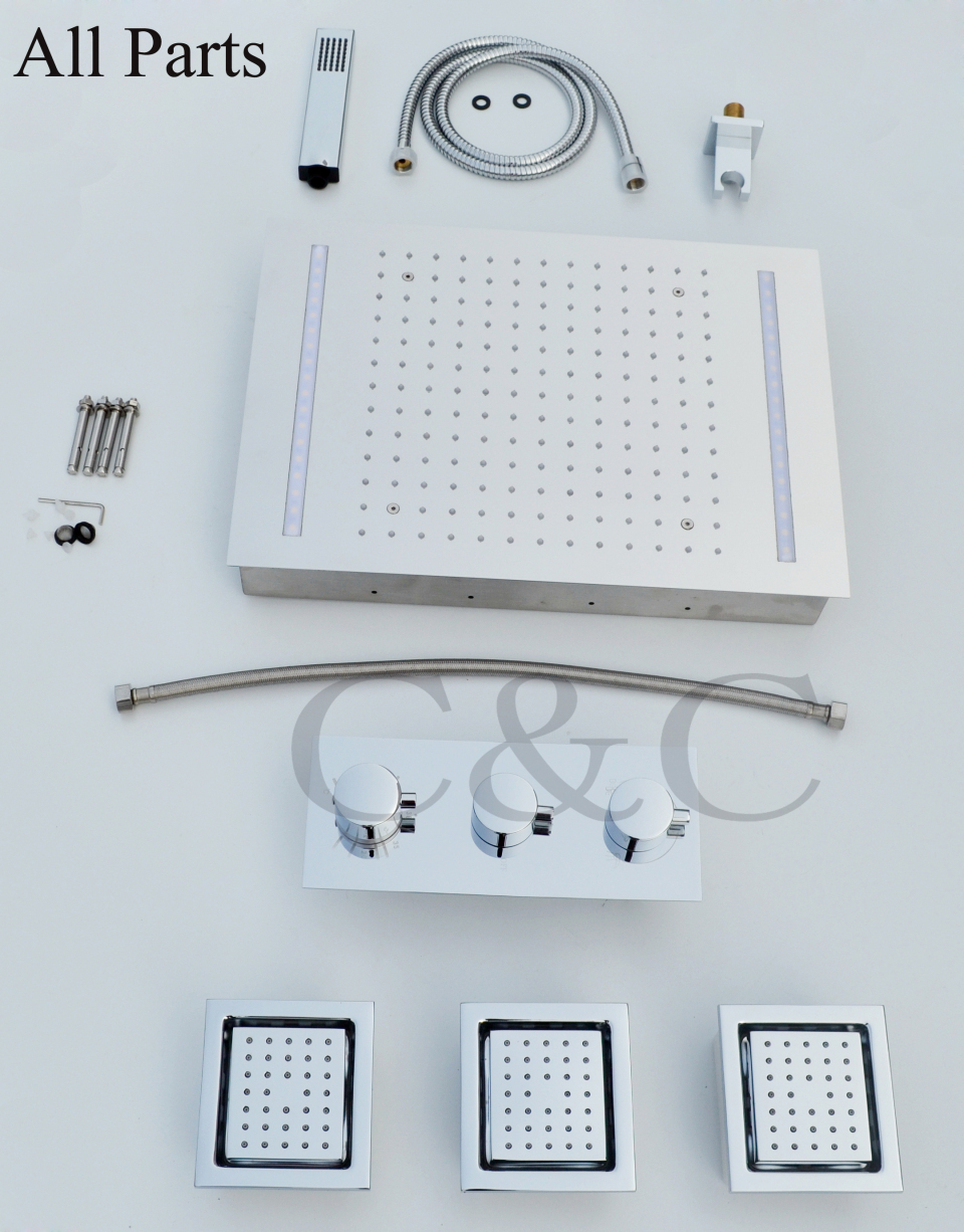 Juno Milan 14″ by 20″ Recessed Mounted LED Shower Head with Body Massage Shower Jets, All in One Installation Manuals