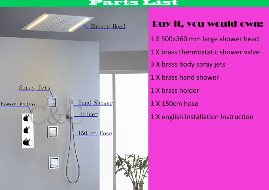 Juno Milan 14″ by 20″ Recessed Mounted LED Shower Head with Body Massage Shower Jets, All in One Installation Manuals