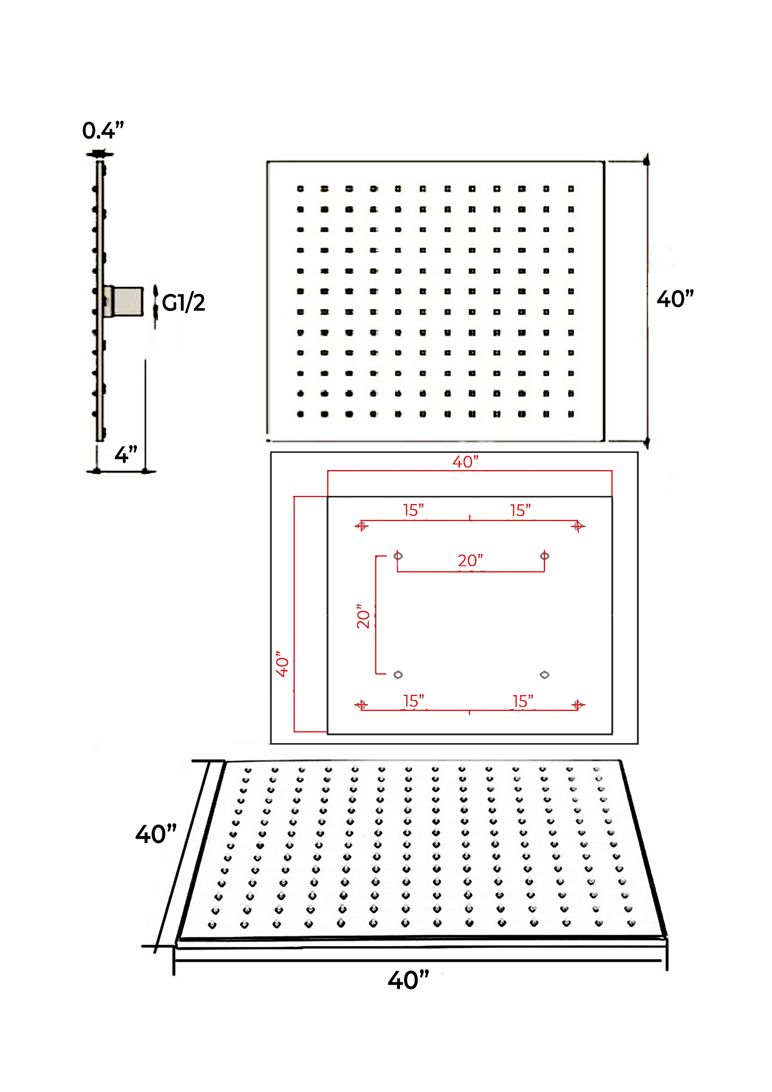 Juno 40″ Brushed Stainless Steel Square Ceiling Mount Large LED Shower Head, All in One Installation Manuals