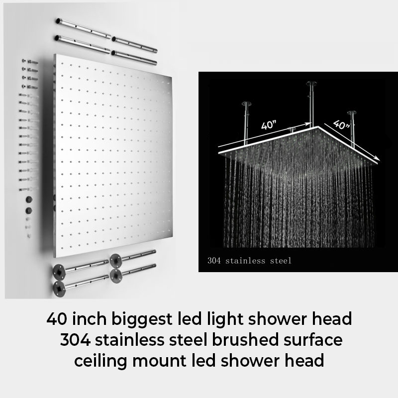 Juno 40″ Brushed Stainless Steel Square Ceiling Mount Large LED Shower Head, All in One Installation Manuals