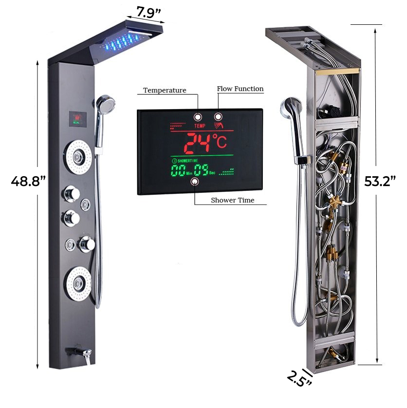 Juno LED Temperature Display Bathroom Shower Panel with Hand Shower, All in One Installation Manuals