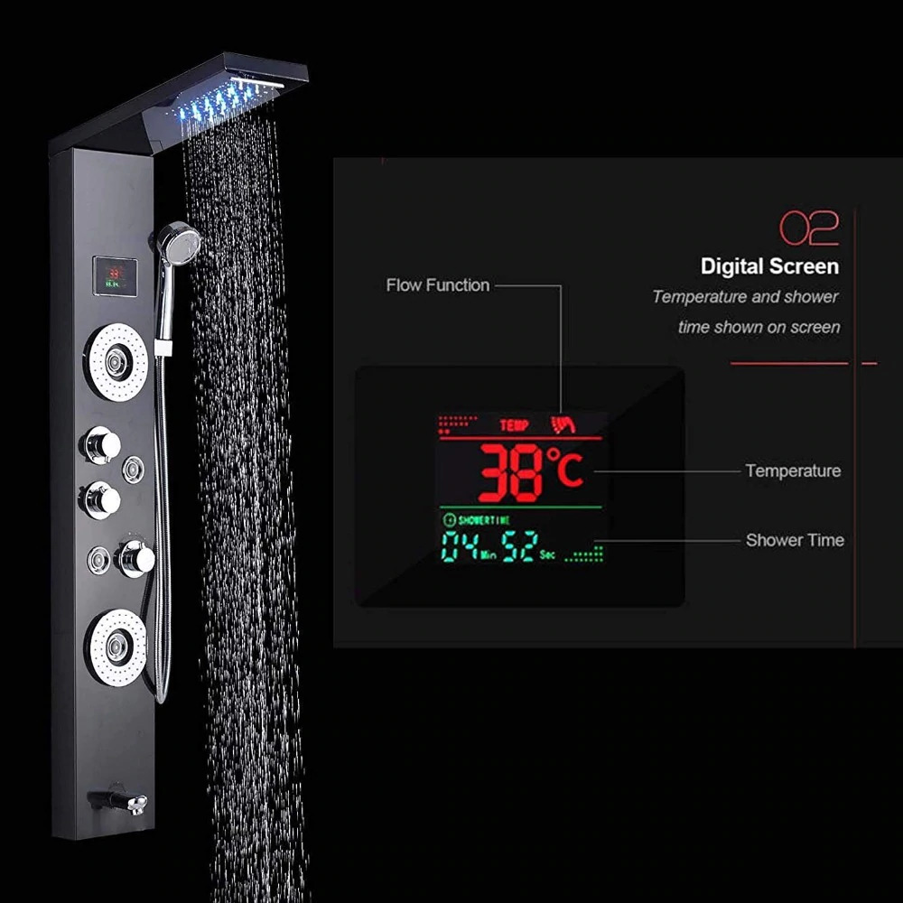 Juno LED Temperature Display Bathroom Shower Panel with Hand Shower, All in One Installation Manuals