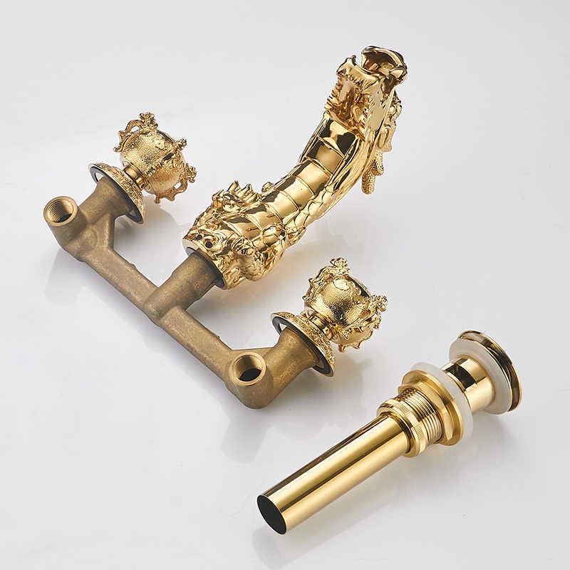 Ferrara Antique Brass Dragon Shaped Dual Handle Wall Mounted Bathroom Faucet, All in One Installation Manuals
