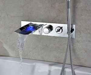 Modern Wall Mount with Pullout Hand Shower Bathtub LED Waterfall Faucet