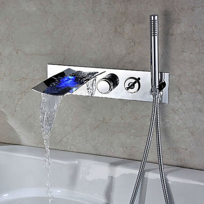 Modern Wall Mount with Pullout Hand Shower Bathtub LED Waterfall Faucet, All in One Installation Manuals