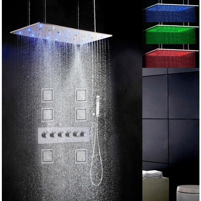 32″ by 16″ Amore Atomizing Swash & Rainfall Temperature Controlled LED Shower Head Body Jets, All in One Installation Manuals