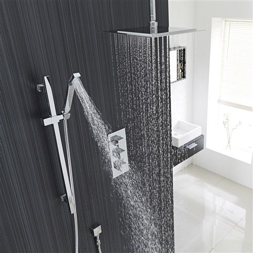 Benete Square Chrome Rain Shower System Faucet Set 2 Outlets Ceiling Head & Handset, All in One Installation Manuals