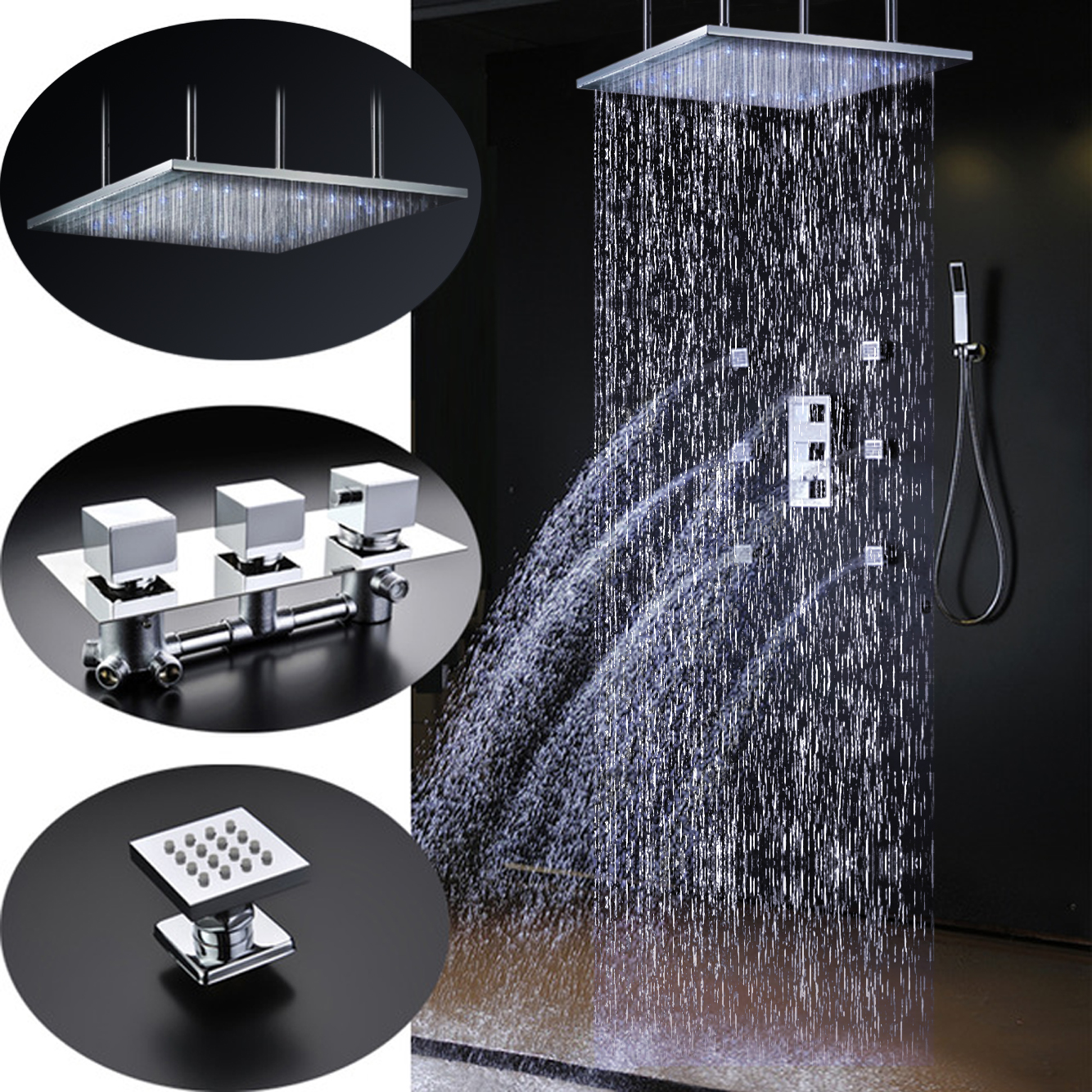 Sicily 40″ * 40″ Large Chrome LED Rain Shower Head with Body Jets & Handheld Shower System, All in One Installation Manuals