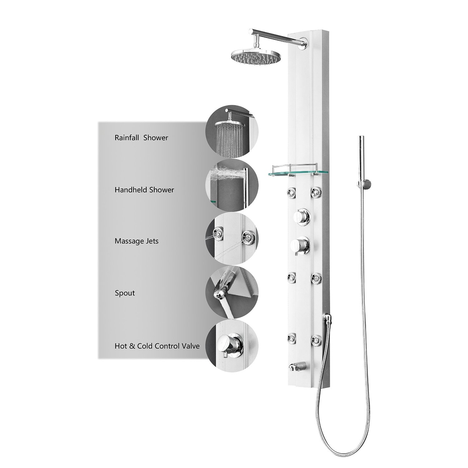 Nanaimo Aluminium Rain Fall Shower Panel Set with Massage System, Hand Shower & Faucet, All in One Installation Manuals