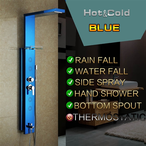 Blue Stainless Steel Rainfall Shower Panel Rain Massage System Thermalstatic Faucet with Jets & Hand Shower, All in One Installation Manuals