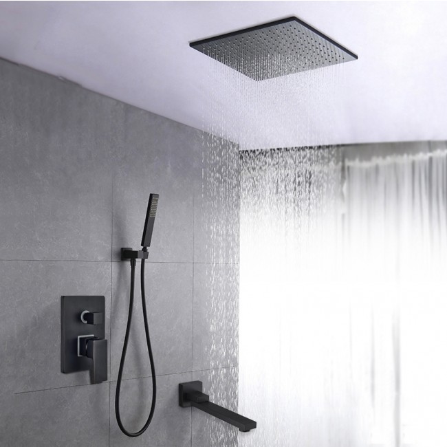Juno Black Square 16 Inches Water Rainfall Shower Head with Mixer Faucet, All in One Installation Manuals