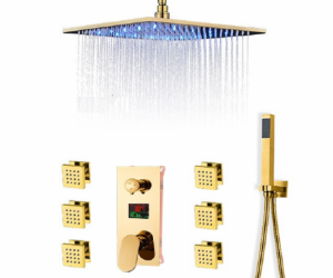 New Gold Finish LED Rain Shower Head With 6 Body Massage Shower Jets & Hand Shower