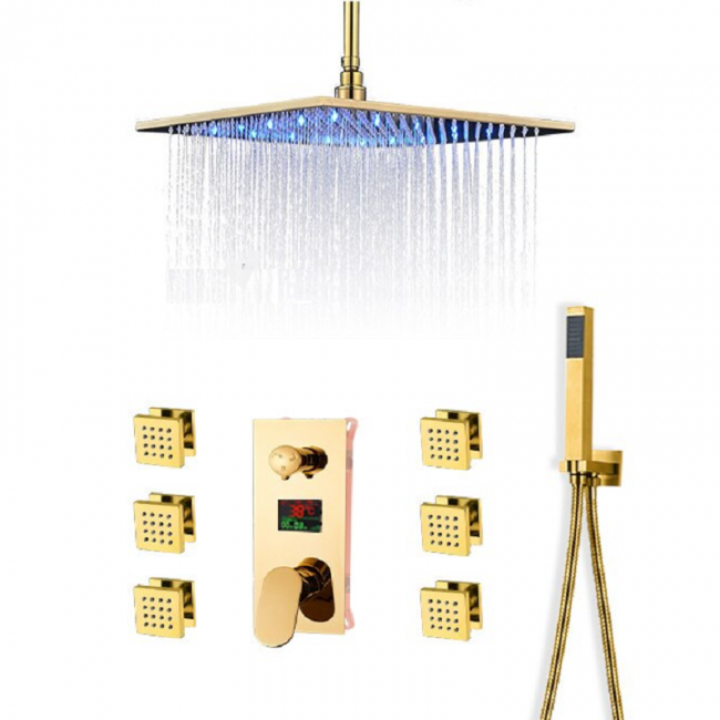 New Gold Finish LED Rain Shower Head With 6 Body Massage Shower Jets & Hand Shower, All in One Installation Manuals