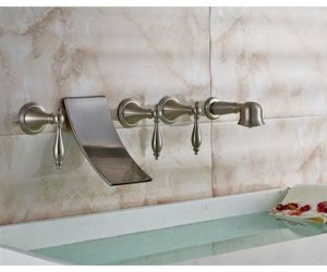 Juno Brushed Nickel Wall Mount Waterfall Tub Filler & Pullout Handheld Shower
