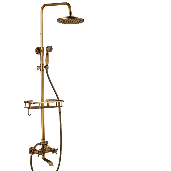 Cordoba Antique Brass Wall Mount 8 Inch Rain Shower Head With Handheld Shower and Commodity Shelf, All in One Installation Manuals