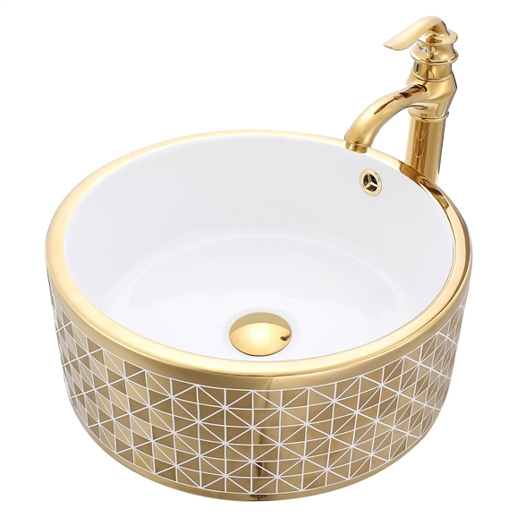 Florence Gold Round Ceramic Bathroom Sink with Faucet, All in One Installation Manuals