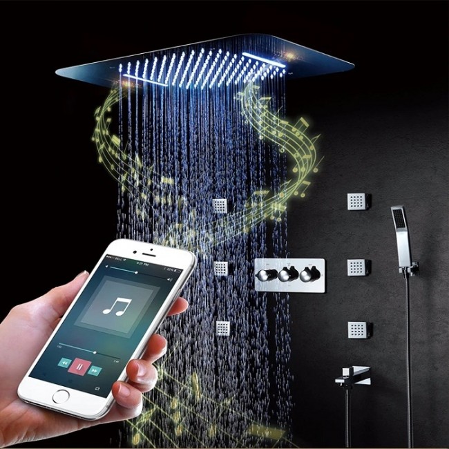 Juno Musical Curved Chrome Waterproof Ceiling Phone Control LED Shower Head with Mixer, All in One Installation Manuals