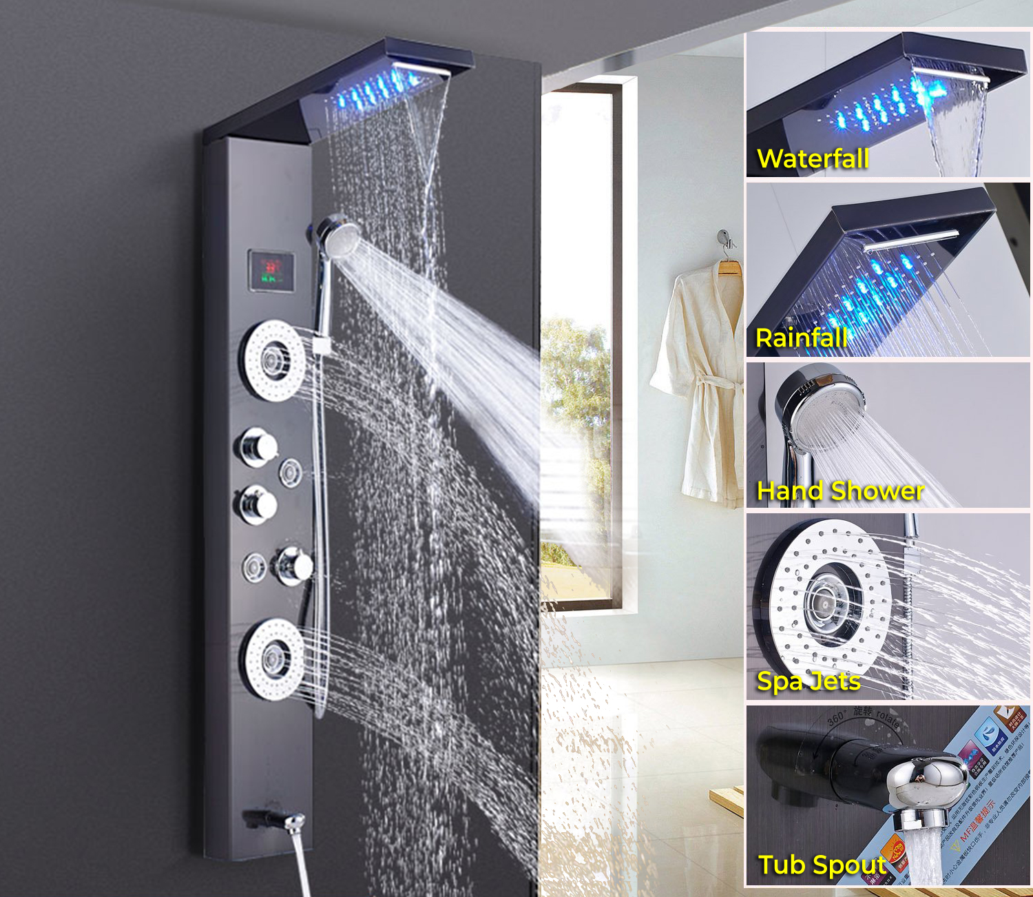 Juno LED Temperature Display Bathroom Shower Panel with Hand Shower, All in One Installation Manuals