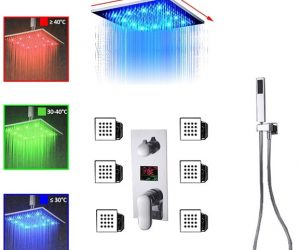 BathSelect Florento Solid Brass Multi Color LED Shower Head And Digital 3 Function Mixer Faucet With 6 Massage Jets In Chrome Finish
