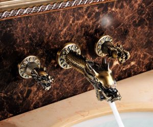 Ferrara Antique Brass Dragon Shaped Dual Handle Wall Mounted Bathroom Faucet
