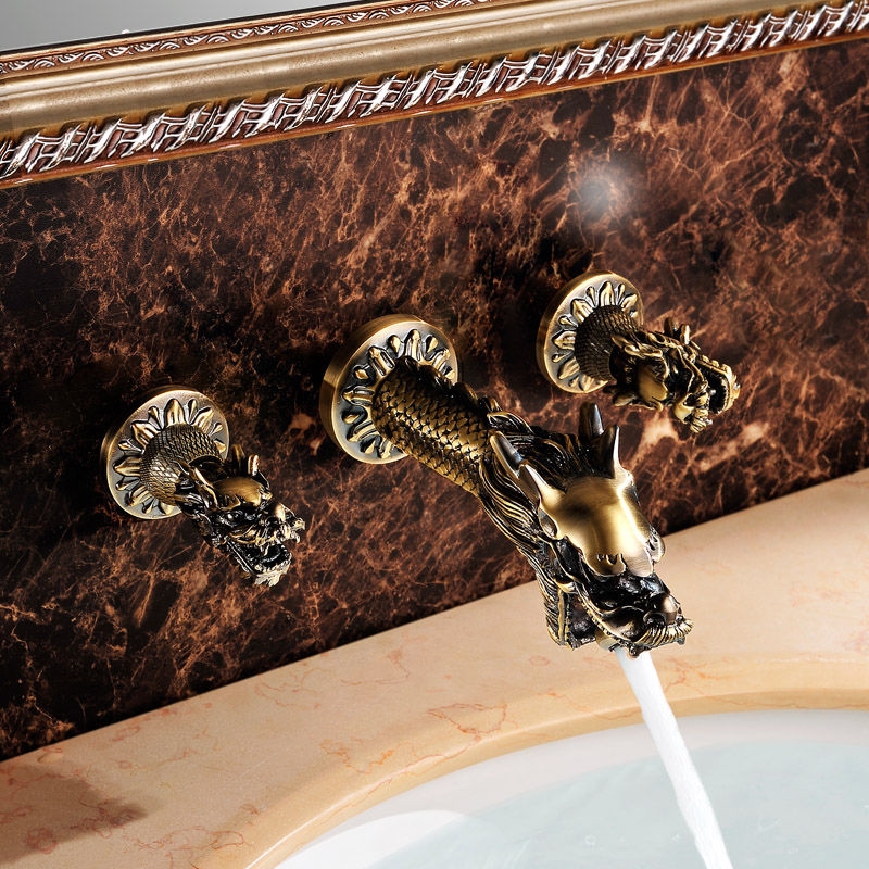 Ferrara Antique Brass Dragon Shaped Dual Handle Wall Mounted Bathroom Faucet, All in One Installation Manuals