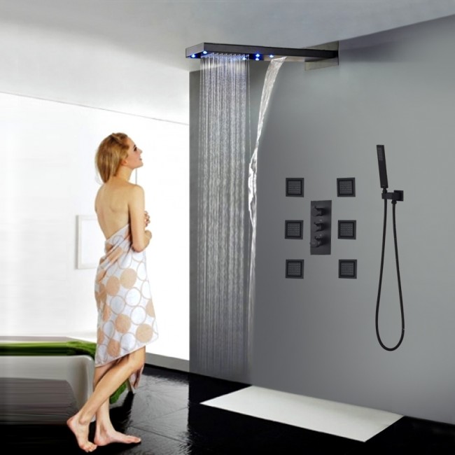 Juno 22″ Dark Oil Rubbed Bronze Solid Brass Wall Mount LED Rain Shower Head, All in One Installation Manuals