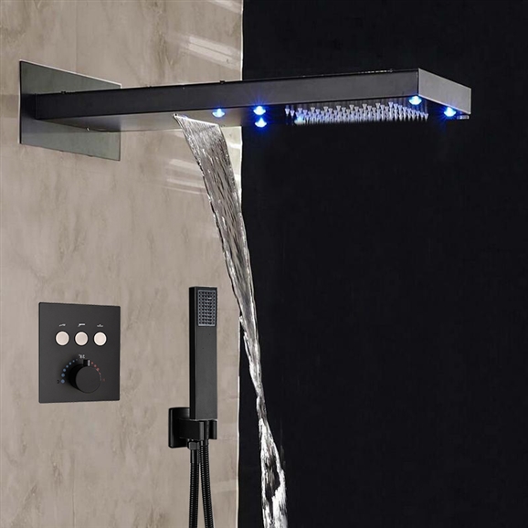 BathSelect Solid Brass Multi Color LED Rain And Waterfall Shower Head With Thermostatic Mixer Valve And Handheld Shower In Dark Oil Rubbed Finish, All in One Installation Manuals