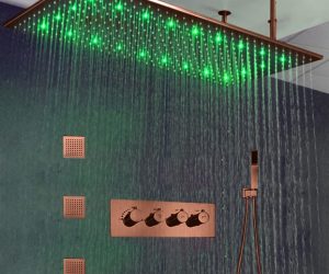 BathSelect Solid Brass Multi Color LED Rainfall Shower Head With Handheld Shower And Thermostatic Mixer In Light Oil Rubbed Bronze Finish