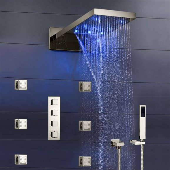 Fontana Mugla 22″ LED Thermostatic Waterfall Rain Shower Head with Massage Body Sprays and Hand Shower, All in One Installation Manuals