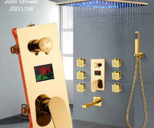 New Gold Finish LED Rain Shower Head With 6 Body Massage Shower Jets & Hand Shower