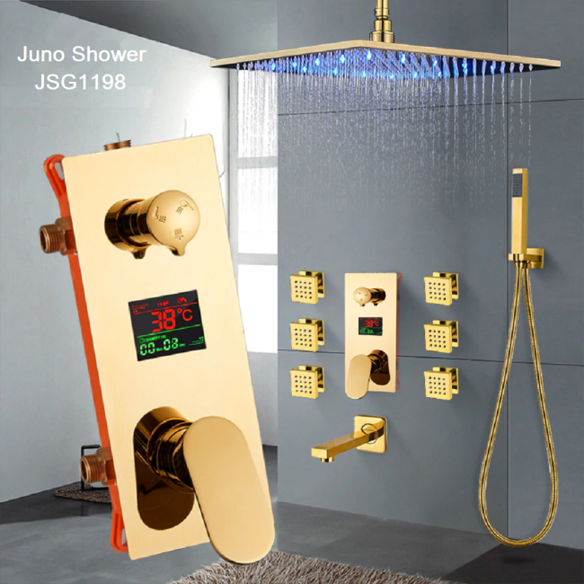 New Gold Finish LED Rain Shower Head With 6 Body Massage Shower Jets & Hand Shower, All in One Installation Manuals