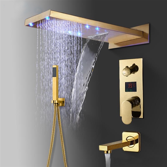 Riviera LED Rectangular Shower Head With Touch Panel Controller And Handheld Shower In Gold Finish, All in One Installation Manuals